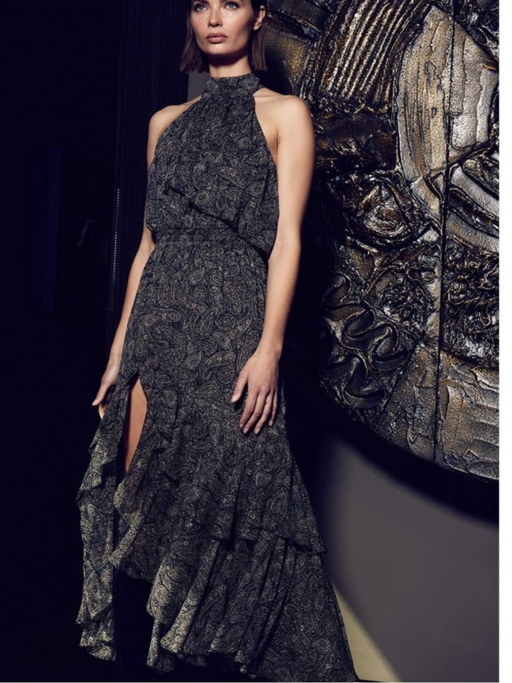 MISA Los Angeles Dress M Aneva Paisley Shimmer Halter Smocked Slit 475